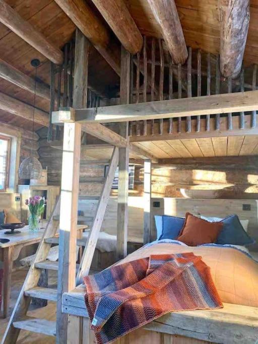 SkjåkSauefjøset - Idyllisk gardstun fra 1800-tallet的小屋内一间卧室配有一张双层床