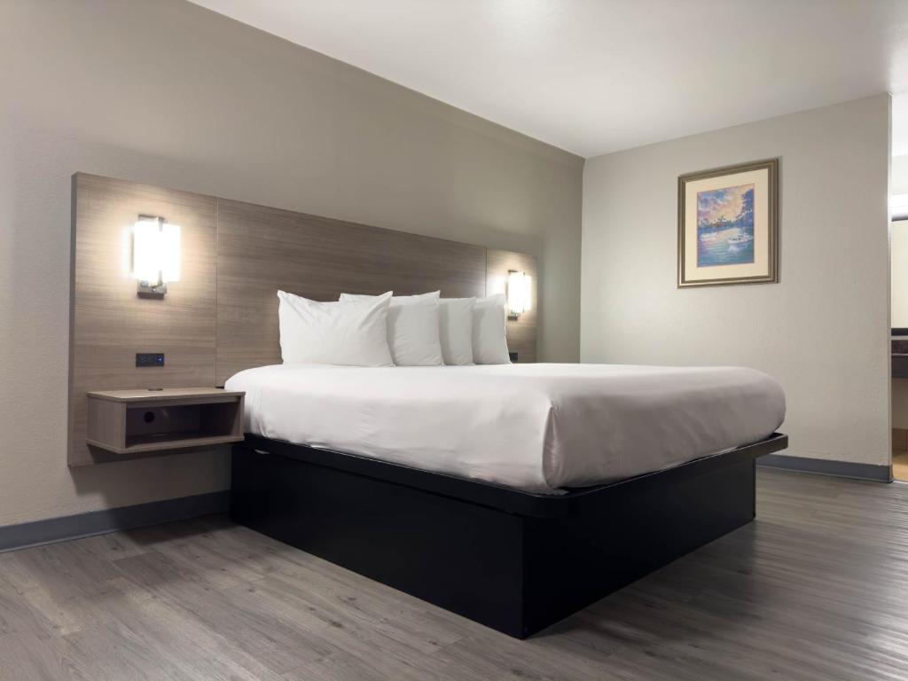 奥斯汀奥斯汀美国最有价值旅馆的卧室配有一张带白色床单和枕头的大床。
