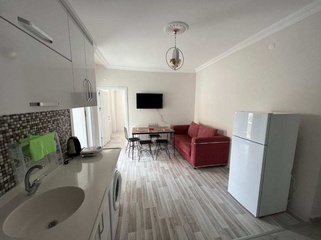 于尔居普Cappadocia 4 Luxury Aparts的厨房以及带冰箱和红色沙发的客厅。