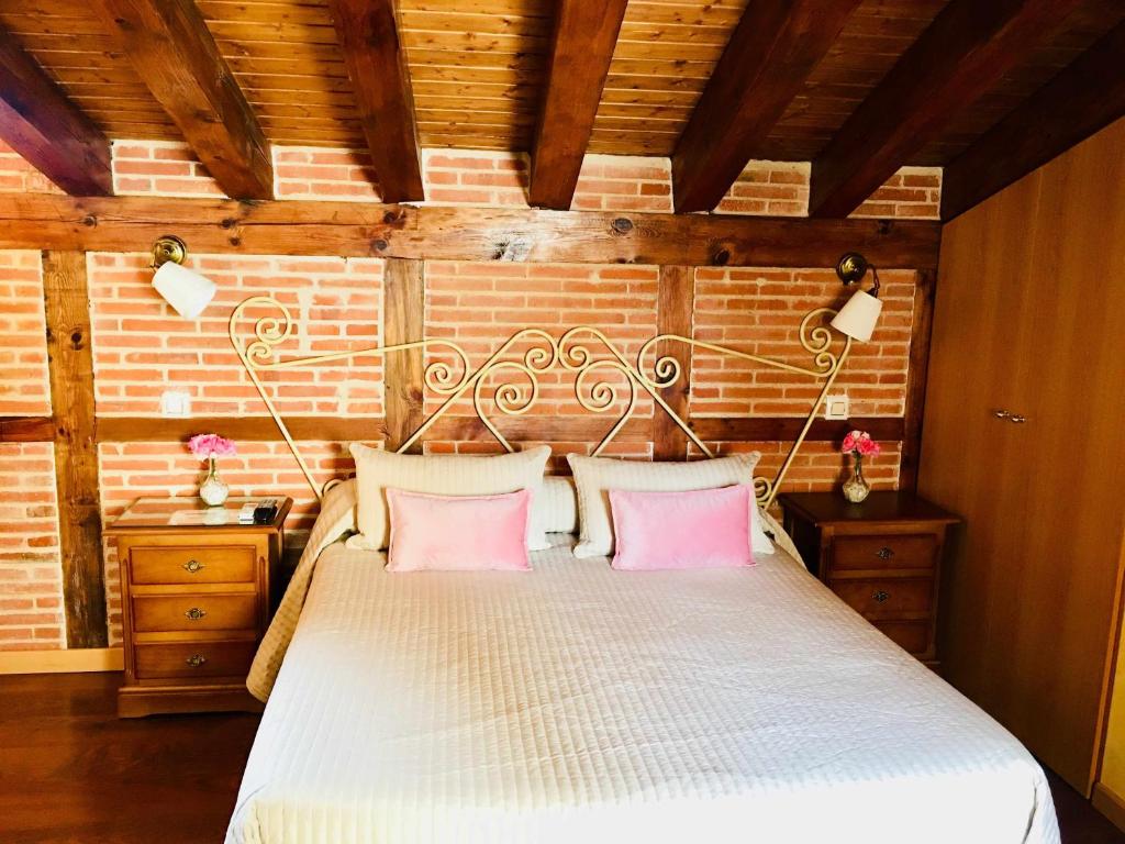 塞哥维亚Hostal segovia adults only的一间卧室配有一张带两个粉红色枕头的床