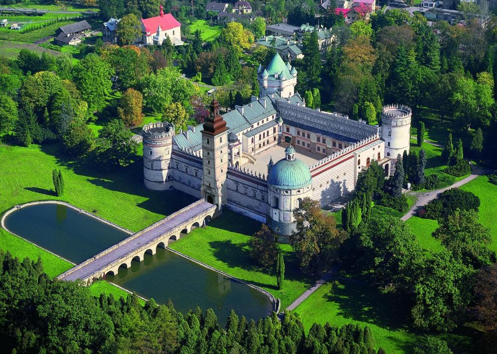 克拉西琴克拉西琴涅城堡酒店的享有城堡和湖泊的空中景致