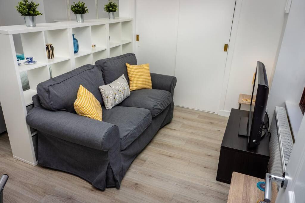 格拉斯哥Modern bright studio apartment in south Glasgow的客厅配有带黄色枕头的灰色沙发
