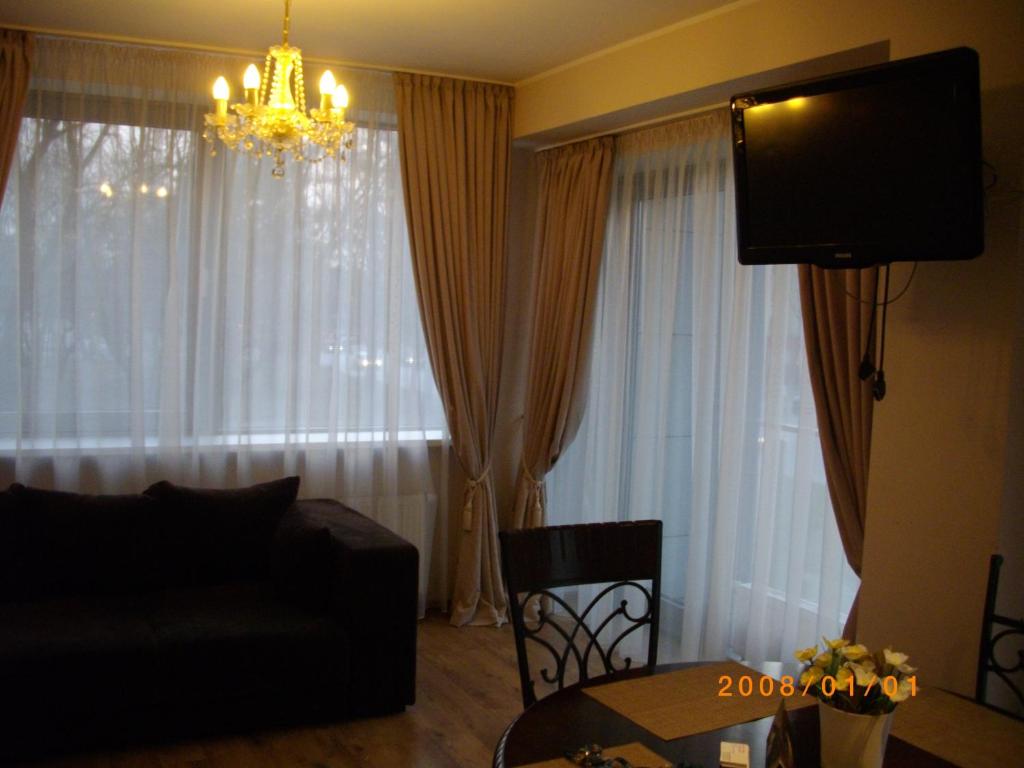维尔纽斯中心公寓 - 维吉奥公寓的带沙发和吊灯的客厅