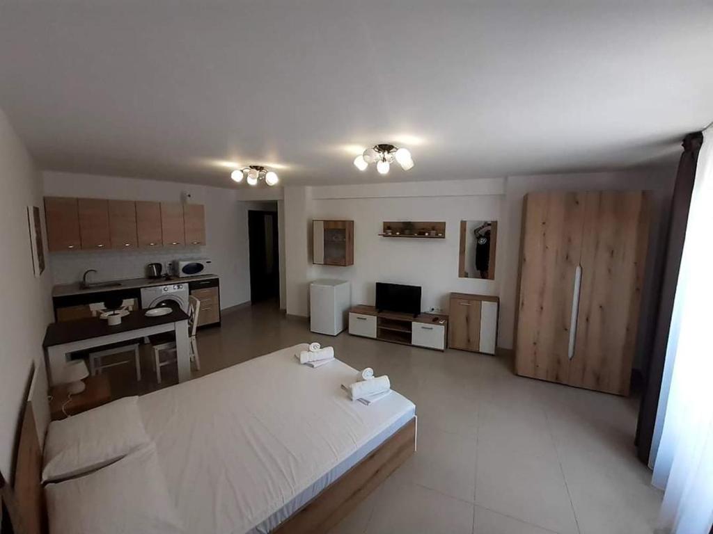 多布里奇Апартамент Quattro的一个带厨房和桌子的大客厅