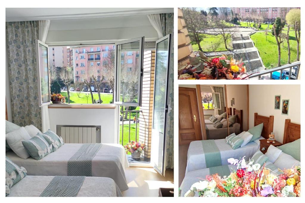 奥维多El Balcón del Campillín的配有两张床和一个阳台的酒店客房的三张图片