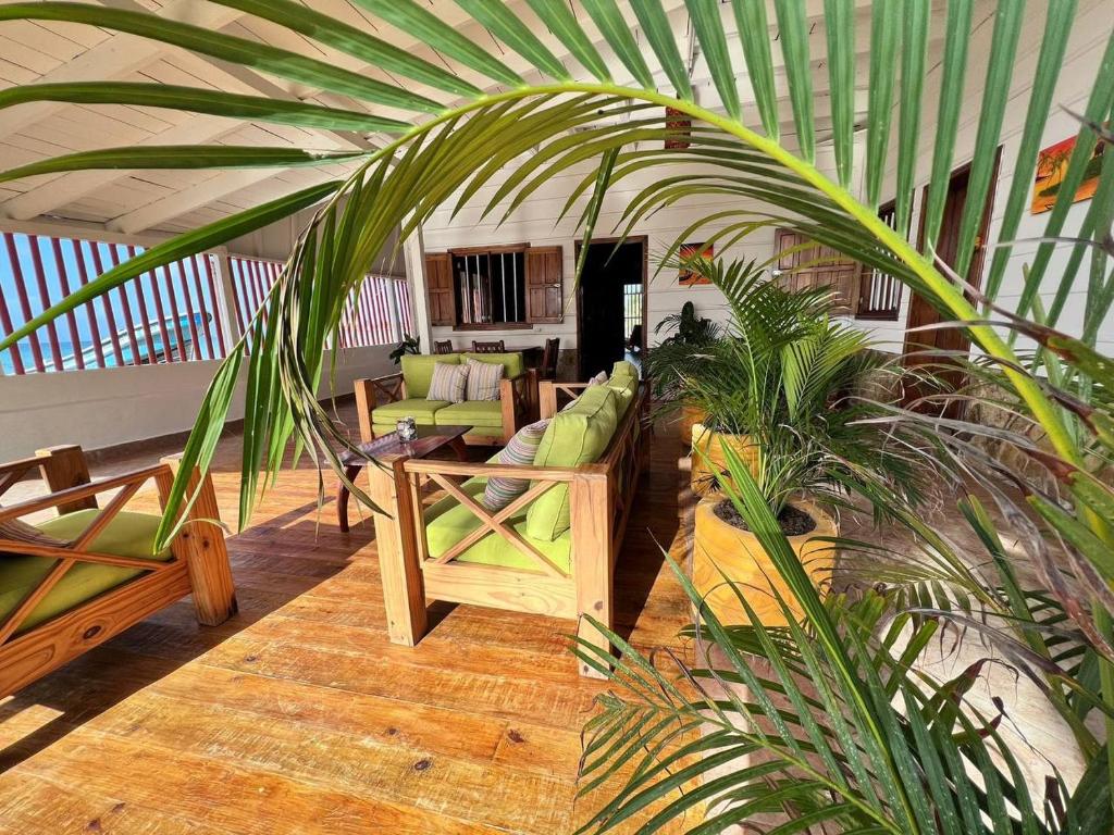 玉米岛Sunset Bay B&B的一间客厅,配有绿色家具和棕榈树