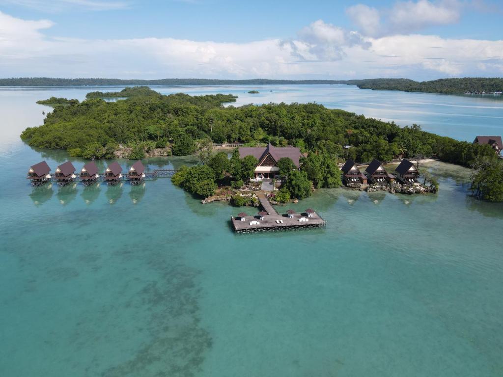 Maratua AtollSienna Resort的水中岛屿上度假村的空中景观