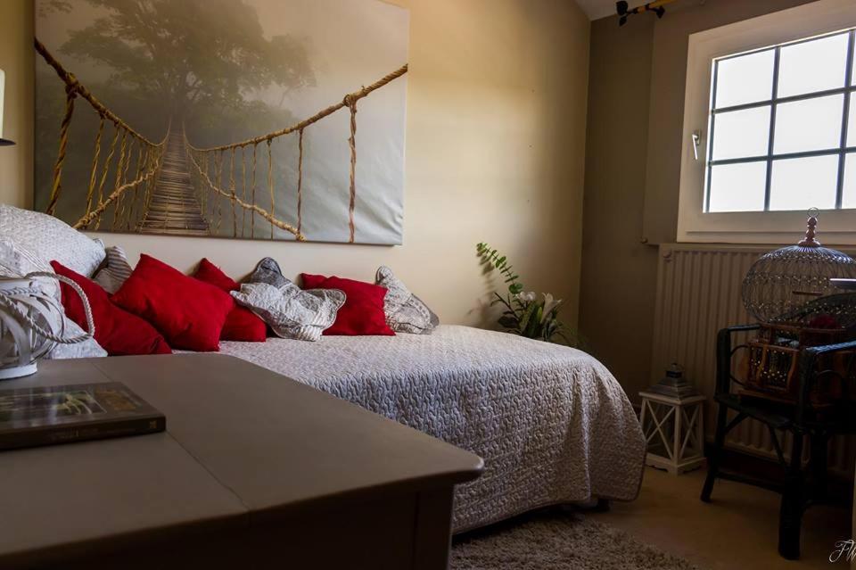 普罗丰德维耶La maison d'Huguette的一间卧室配有一张带红色枕头的床和一扇窗户