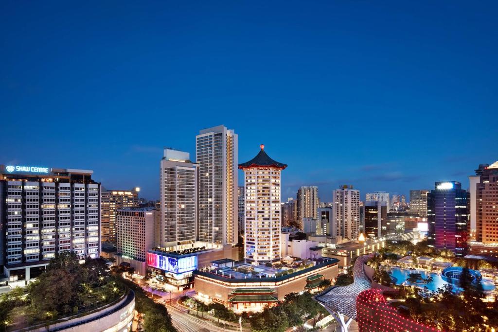 新加坡Singapore Marriott Tang Plaza Hotel的城市天际线,夜晚有高楼