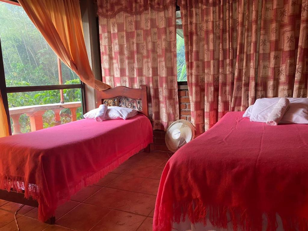 RíoverdeHostal Villa del Rio的一间卧室设有两张床和窗户。