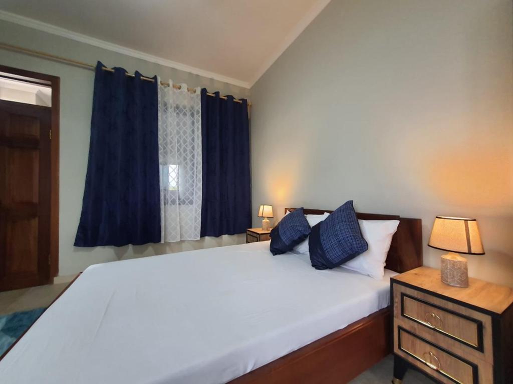 OyibiSpacious Holiday Let Wi-Fi & Private Amenities Oyibi的卧室配有带蓝色枕头的大型白色床