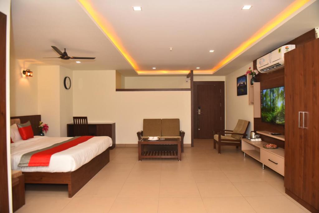 达尔瓦德M R Residency Dharwad.的一间酒店客房,配有一张床和一台电视