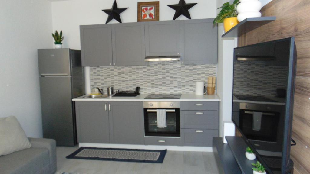 拉帕洛Casa Da Cri的厨房配有灰色橱柜和炉灶烤箱