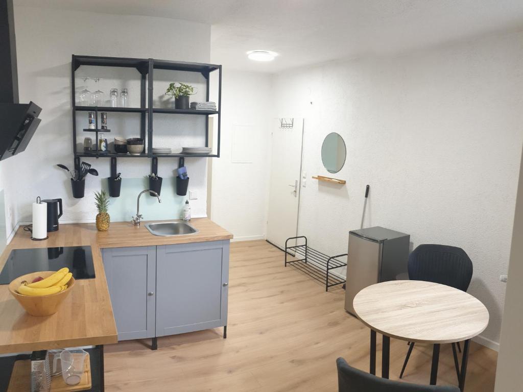 鲁尔河畔米尔海姆Studio Apartments in Ruhrgebiet的厨房配有水槽和桌椅
