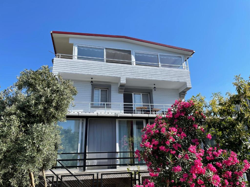 库萨达斯Can’s Homes的白色的房子,窗户和粉红色的鲜花