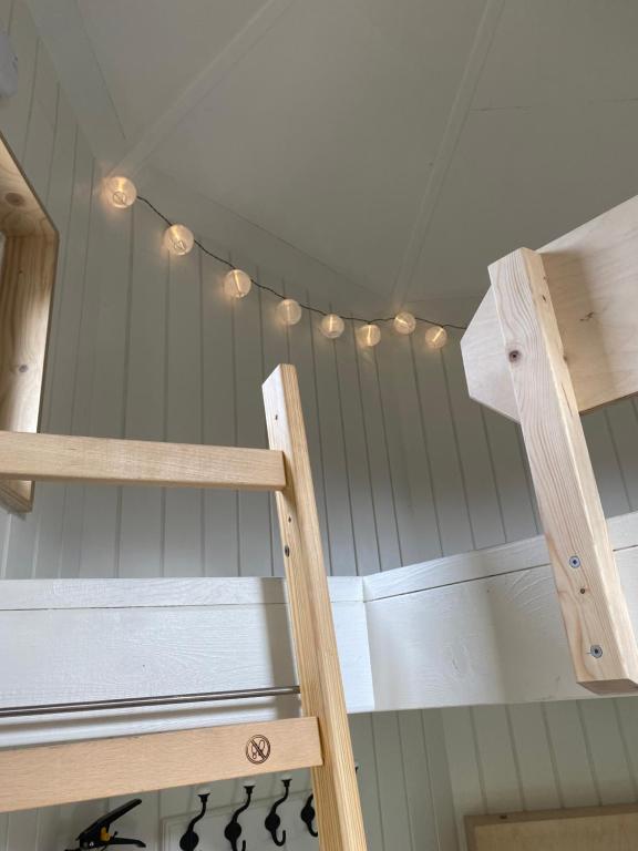 格林斯泰兹Kroghs Tiny Houses - Hyttebyen的一间带梯子和灯的天花板的房间