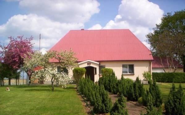 KarsibórAgroturystyka Pod Brzozami的一座红色屋顶的房子和一个树木繁茂的院子