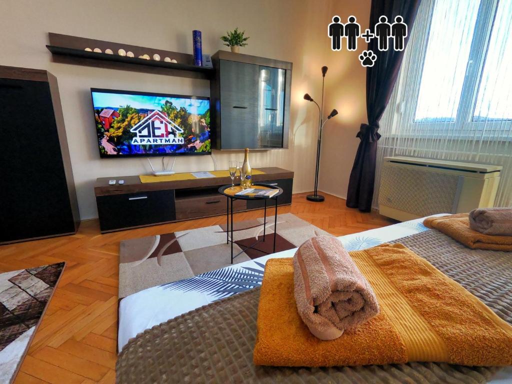 绍尔戈陶尔扬DEX Apartman的一间卧室配有电视和一张带毛巾的床