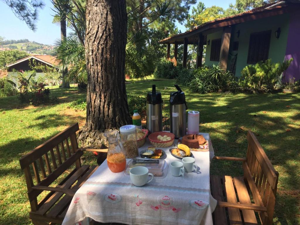 塞拉内格拉Pousada Por do Sol的一张带食物和瓶装葡萄酒的野餐桌