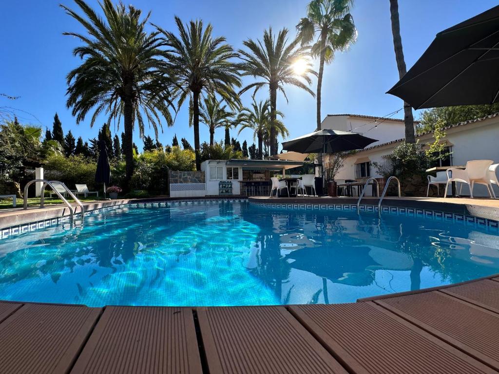 马贝拉巴努斯旅馆的一座棕榈树环绕的大型游泳池