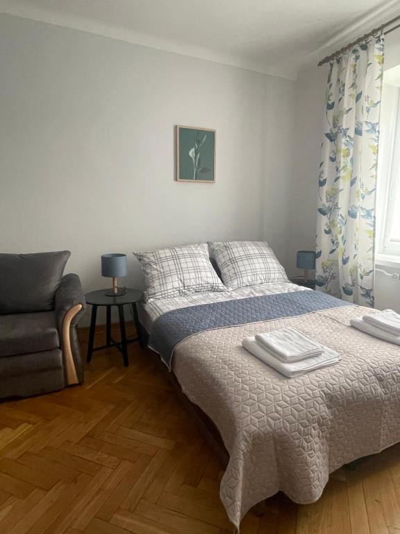 克拉科夫Friendly Apartment的一间卧室配有一张床和一张沙发