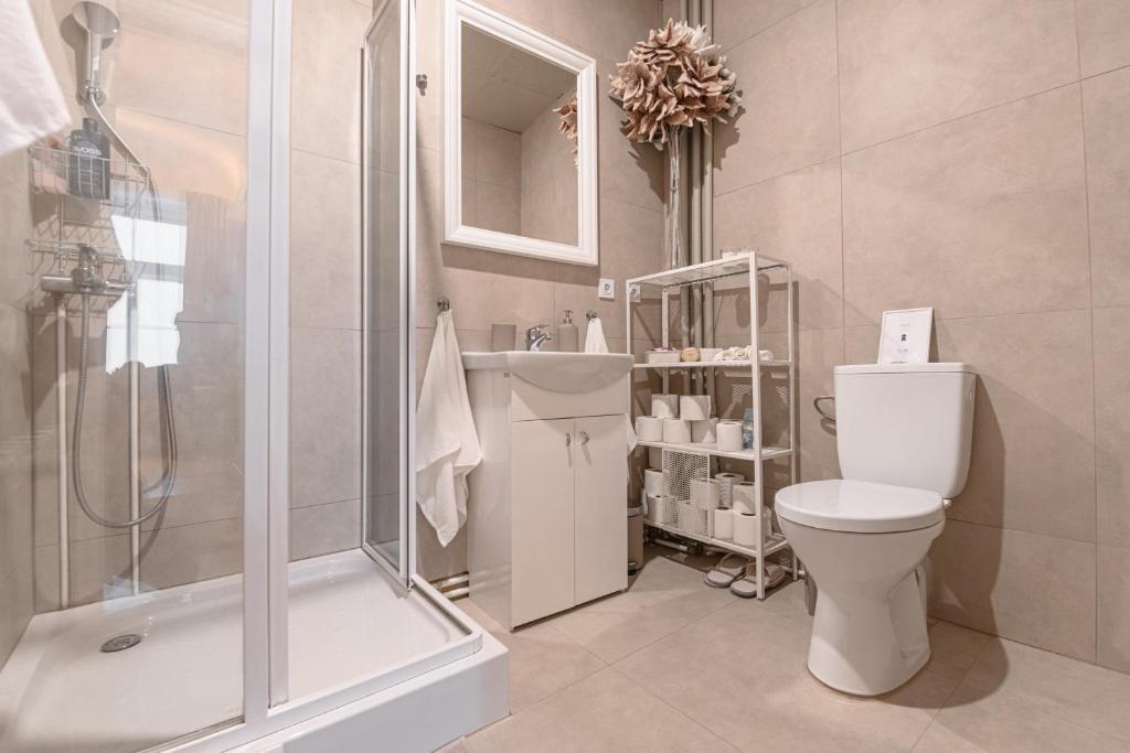 里加St.Jacobs's apartments Old Town Riga的浴室配有卫生间、淋浴和盥洗盆。