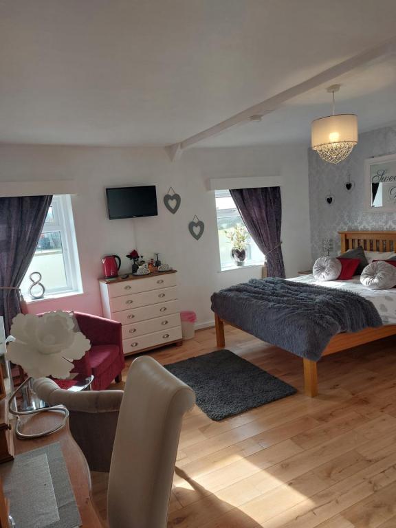 艾克里费亨布罗德利罗布吉尔住宿加早餐旅馆的一间卧室配有一张床、一张沙发和一台电视。