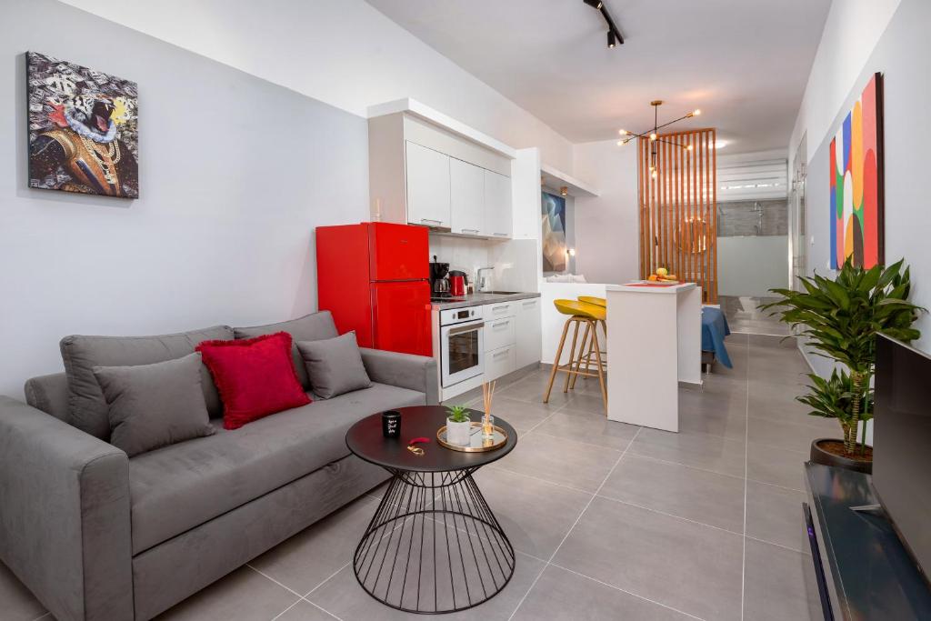 斯巴达Theo's Cozy Apartment near Athens airport的带沙发和桌子的客厅以及厨房。