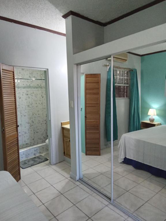 蒙特哥贝The Couples Inn的一间卧室设有一张床和一个通往淋浴的玻璃门