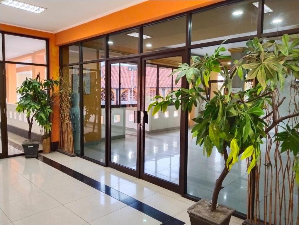井里汶ISLAMIC GUEST HOUSE AT TAQWA的配有玻璃门和盆栽植物的办公大厅