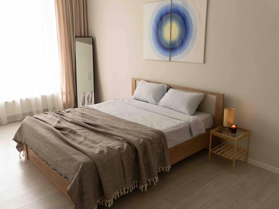 乌兰巴托Cozy two bedroom in heart of UB的一间卧室配有一张床铺,床上有毯子