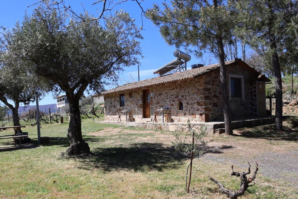 凡道Holiday Accommodation, Serra da Estrela - Casa Cabeço do Barragão的一座古老的石头房子,前面有树木