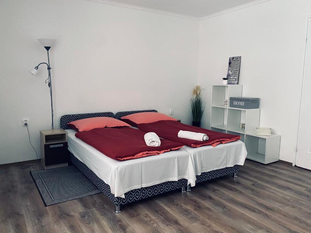 AbaújszántóSátor-Hegy Vendégház的一间卧室配有一张带红色枕头的大床
