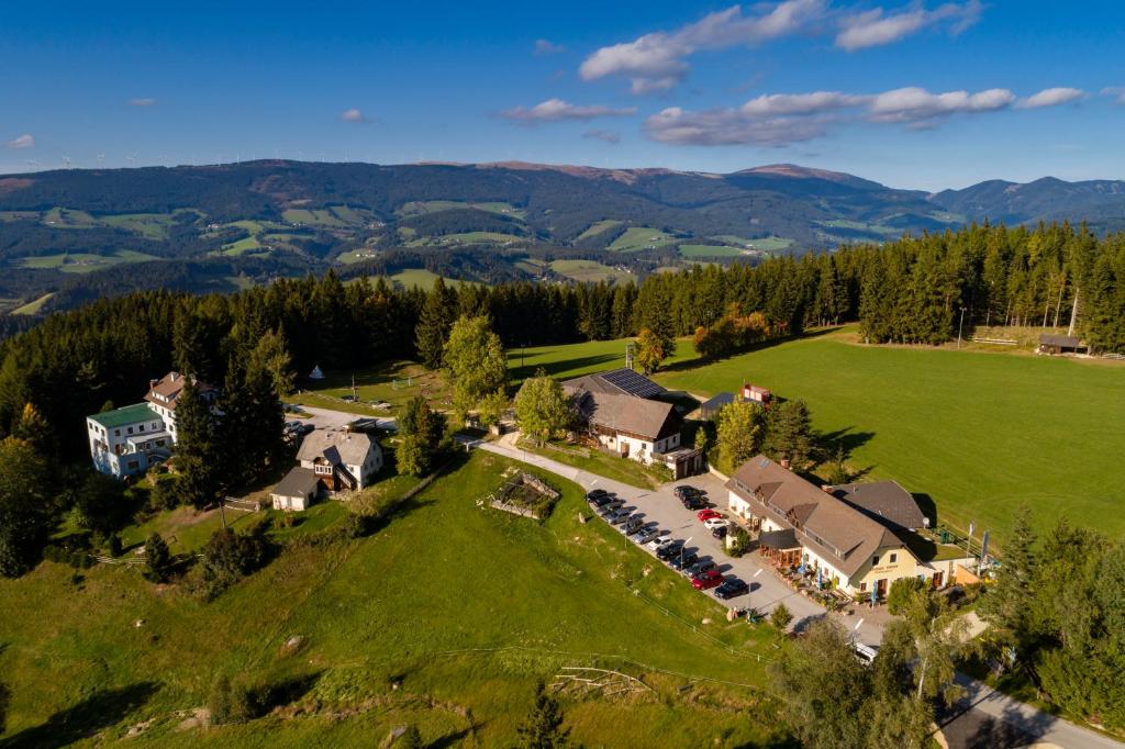 林区圣雅各布Gasthof Pension Orthofer的山丘上房屋的空中景致