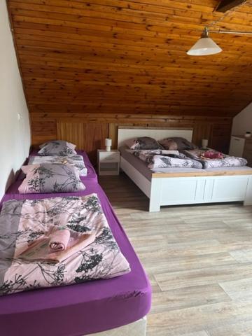 洛克特乌克布酒店的配有木天花板的客房设有两张床。