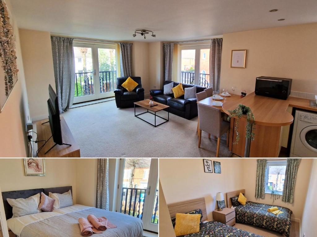 拉夫堡Luxury Spacious Apartment- Sleeps 4 Loughborough的客厅和卧室的两张照片