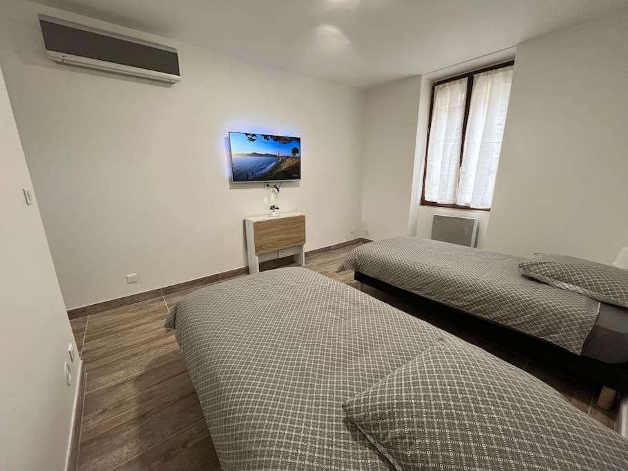 Saint-FonsSuperbe appartement à 15min de Lyon的一间卧室设有两张床,墙上配有电视。