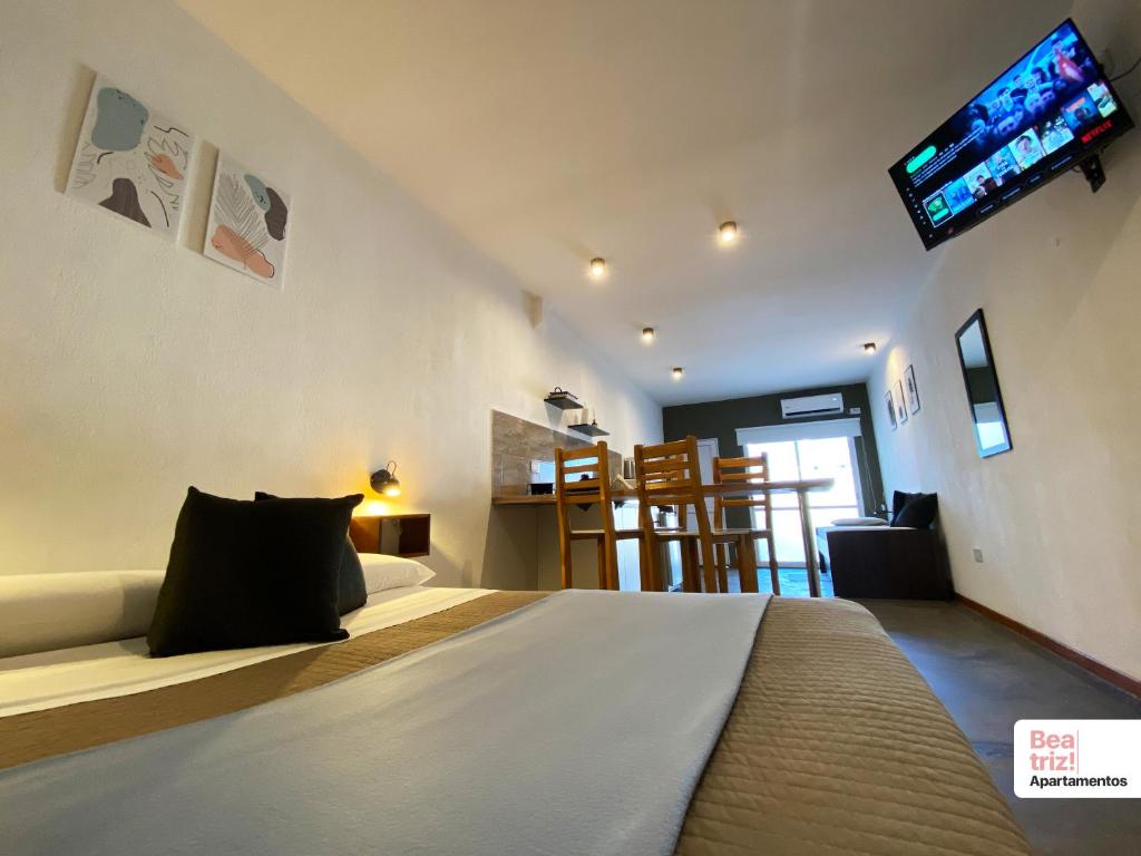 皮科将军镇Beatriz Apartamentos - Monoambientes的卧室配有一张床,墙上配有电视。