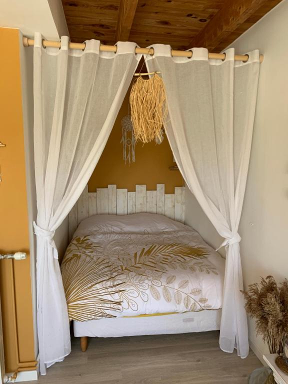 布里莱斯Chambre d’hôtes coconing的一间卧室配有带窗帘的天蓬床