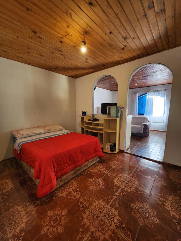 卢米亚Hospedaria e Camping Quintal do Mundo的一间卧室配有一张床和一张书桌
