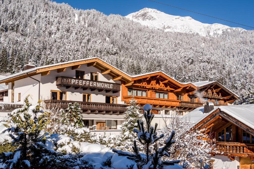 圣安东阿尔贝格"Quality Hosts Arlberg" Hotel zur Pfeffermühle的山间酒店,地面下雪