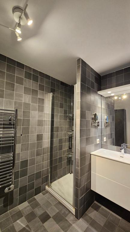 蒙彼利埃Arbre Blanc, une folie montpelliéraine的带淋浴、盥洗盆和浴缸的浴室