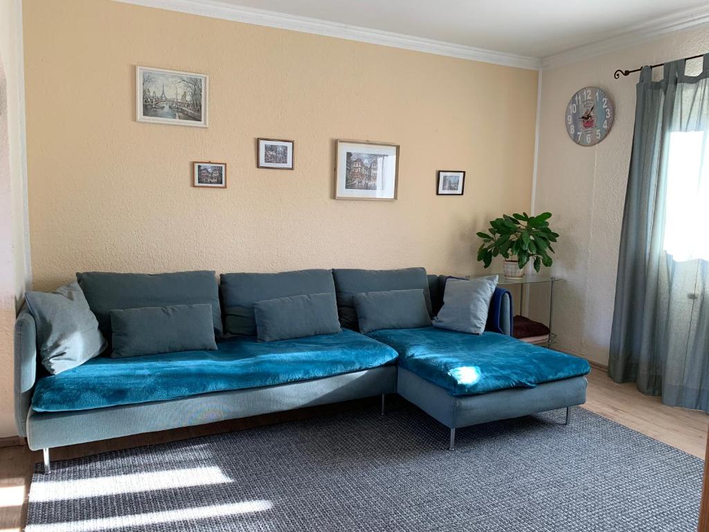 科隆Ferienwohnung mit Garten in Köln的客厅里一张蓝色的沙发