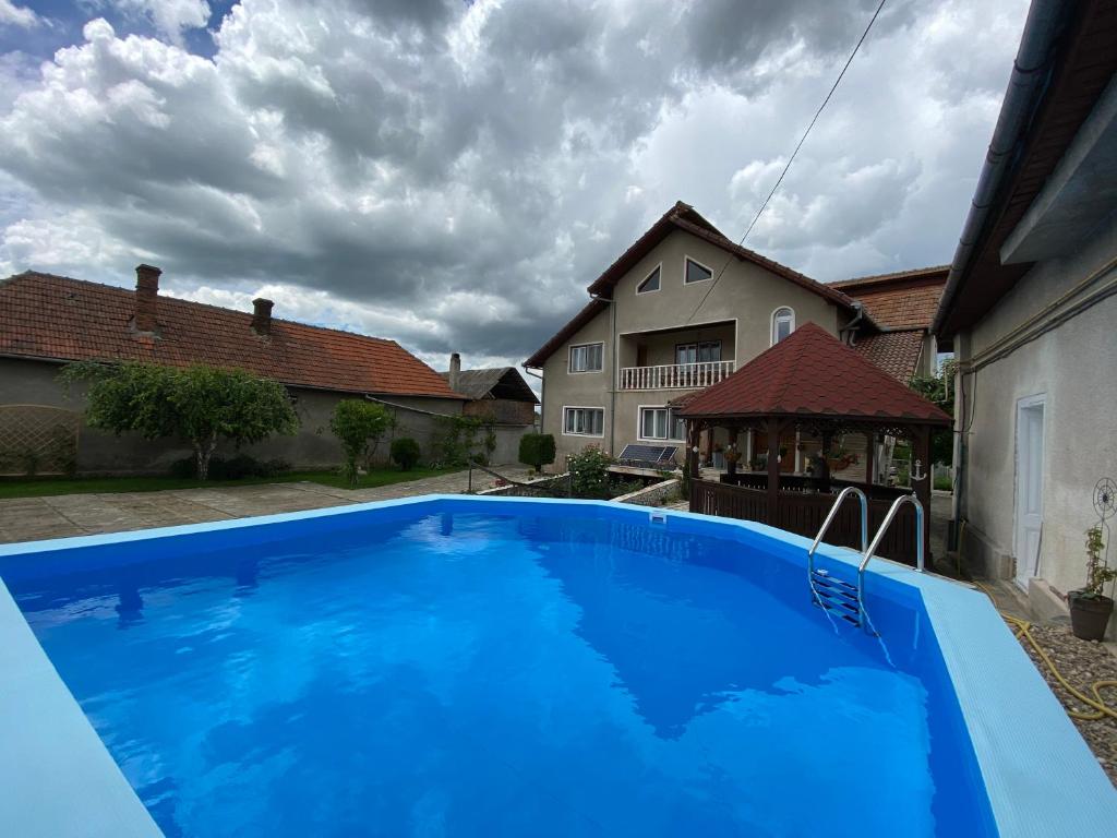 奥勒什蒂耶Pensiunea Roșu的一座大蓝色游泳池,位于房子前