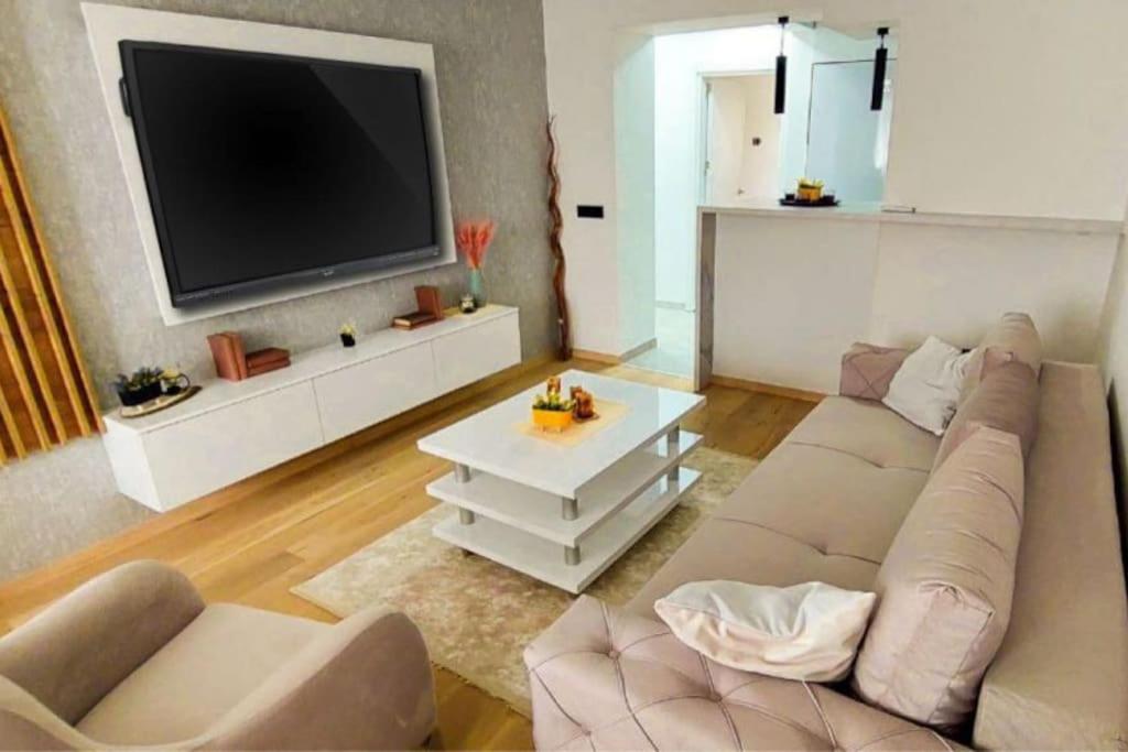 斯科普里The Modern Lodge的带沙发和平面电视的客厅