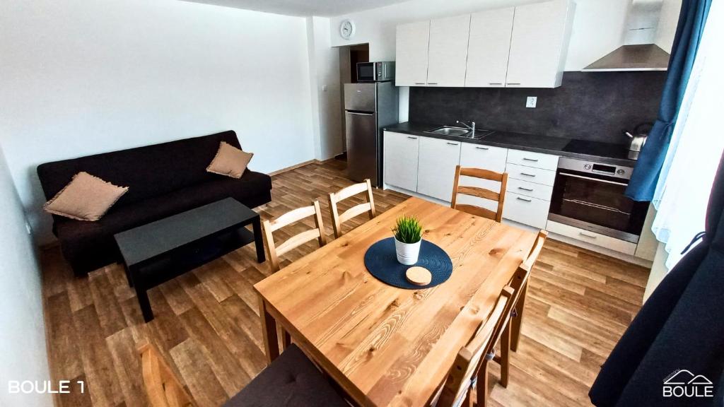 科瓦斯卡Apartmány Boule的小型公寓配有木桌和厨房