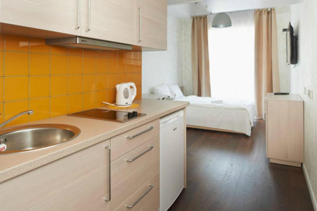 维尔纽斯娜塔莉小阁楼公寓的带水槽的厨房和1间带床的房间