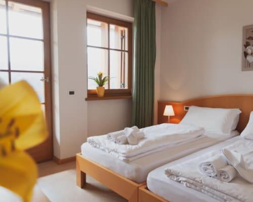 新波南特Hotel Corno Bianco的一间卧室设有两张床和窗户。