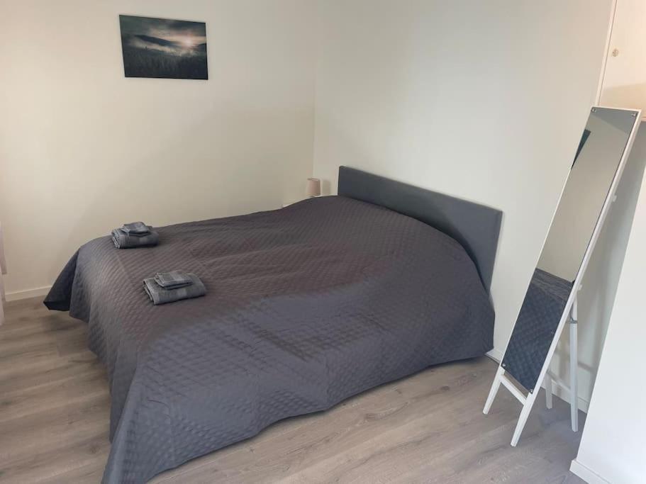 奥勒松Litle cozy apartment in Ålesund的一间卧室,配有一张带两个袋子的床