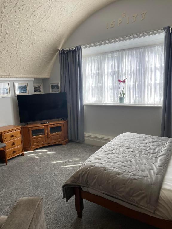 福伊The Lugger Fowey的一间卧室配有一张床和一台平面电视
